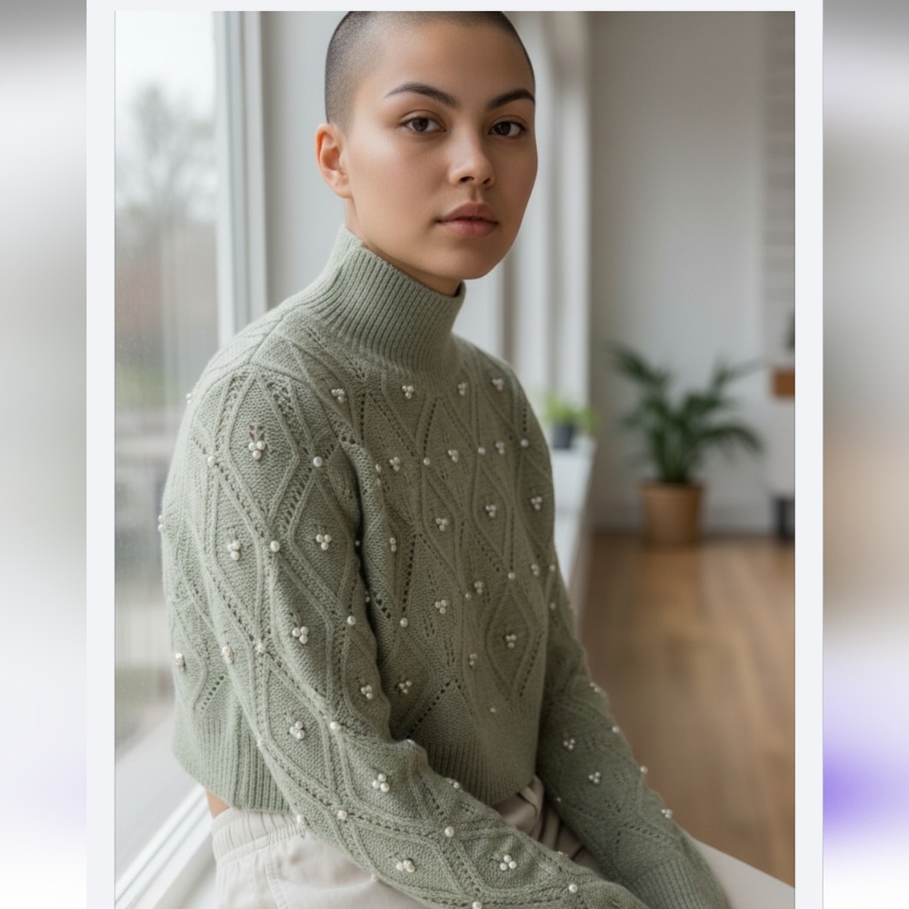 Zara Women's faux pearls diamond cable knit Mock Neck semi crop Green sweater S - Picture 8 of 15